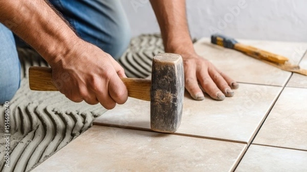 Obraz A person installing ceramic tiles on a floor, using a rubber mallet to secure them in place.