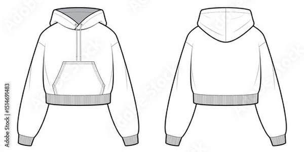 Fototapeta Crop Hooded Jacket with Kangaroo Pocket - Front and Back View- Technical Illustration- Vector/ Cad Illustration 