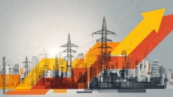 Obraz Power lines and city skyline with colorful arrows symbolizing rising energy demand and urban growth.