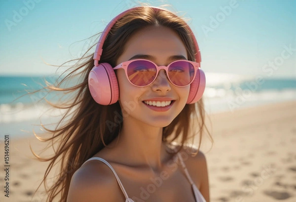 Obraz Young woman enjoying a sunny beach day with pink headphones and sunglasses while smiling at the camera