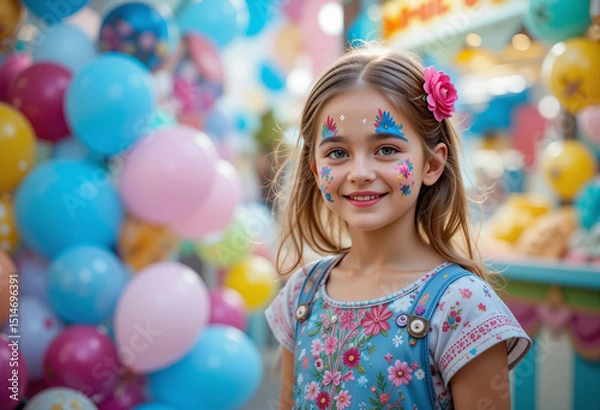 Obraz Colorful festival atmosphere with a cheerful girl showing off her face paint in an amusement park setting