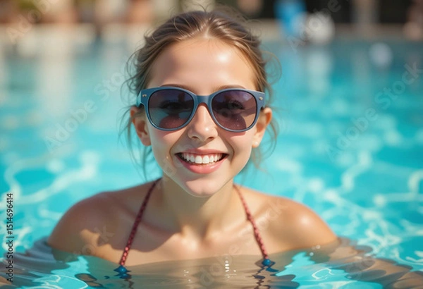 Obraz Smiling young woman with sunglasses enjoying a sunny day in a swimming pool surrounded by a vibrant atmosphere