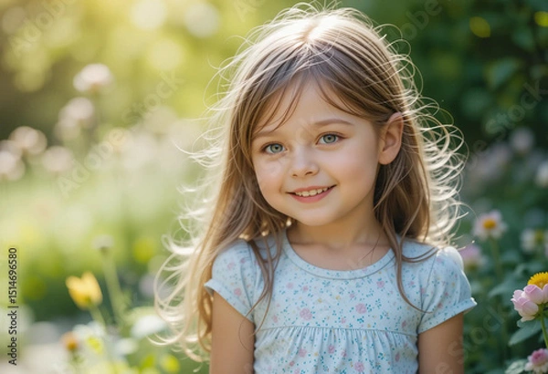 Obraz Young girl smiling brightly in a beautiful garden filled with colorful flowers during golden hour