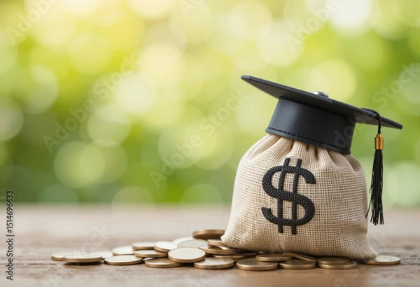 Obraz Savings for education represented by a money bag with a graduation cap on top amidst coins on a wooden surface in a blurred green background