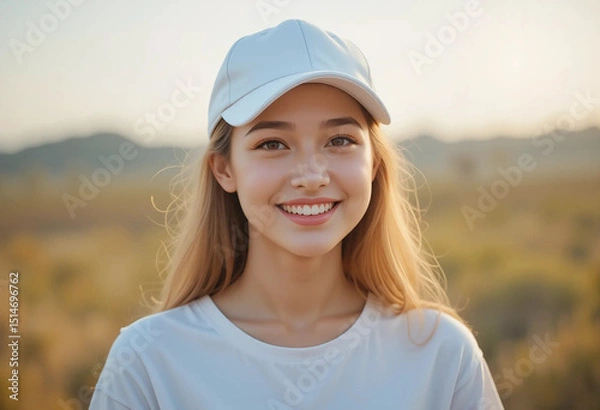 Obraz Young woman smiles in a sunlit field wearing a white cap, enjoying the warmth of a beautiful day with a serene backdrop