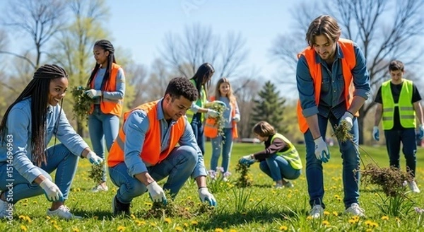 Fototapeta Diverse group of volunteers planting seedlings in the park on a sunny day. Community working together for environmental protection.