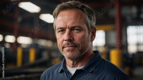 Fototapeta Portrait of a mature man in a factory setting with a serious and focused gaze looking at the camera.