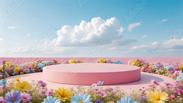 Fototapeta Pastel Pink Product Display Podium in a Vibrant Flower Field on Sunny Day