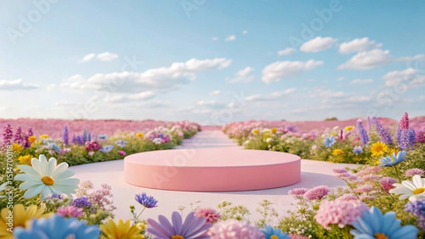 Fototapeta Pink Product Podium Surrounded By Colorful Flowers In a Spring Landscape Scene