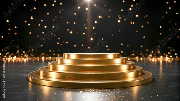 Fototapeta Golden Stage Podium and Glittering Light Spot Elegant Display Showcase Background Image