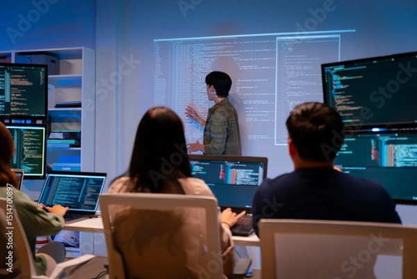 Fototapeta Asian software engineer or programmer team working late in development office,problem solving or algorithm of ai assistant helping for work.software developer,digital technology security concept
