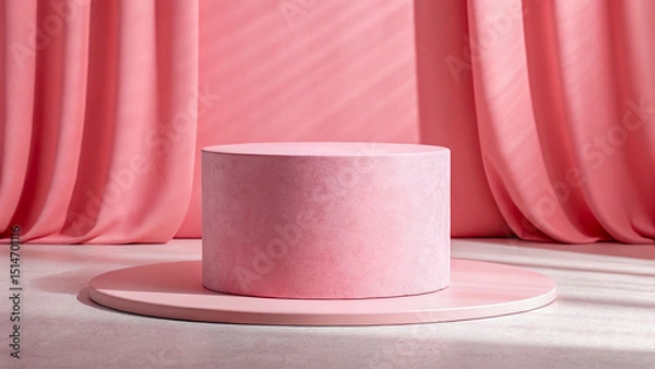 Fototapeta Pink Cylinder Display Podium With Circular Base and Elegant Pink Curtain Backdrop