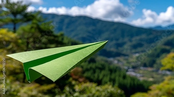Obraz Vibrant green paper airplane flying above a serene mountain valley - symbolizing journey and aspiration
