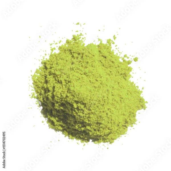 Fototapeta Matcha green tea powder on white background flatlay top view. Organic sencha herb heap shows healthy asian lifestyle drink. Ground chlorella splash creates natural zen food ingredient look.