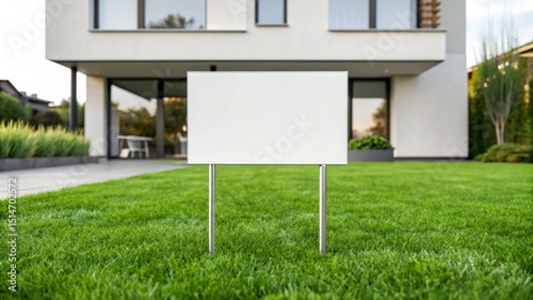Fototapeta Blank Sign on Lush Green Lawn in Front of Modern Minimalist House