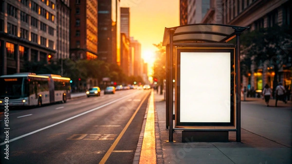 Fototapeta Urban Cityscape at Sunset: Empty Bus Stop Billboard on Busy Street