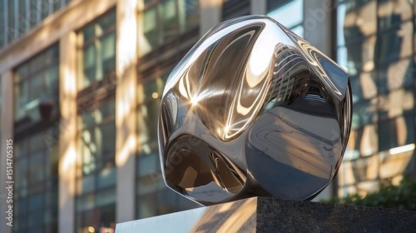 Fototapeta  A close-up of a modern sculpture made of polished steel, reflecting the surrounding 