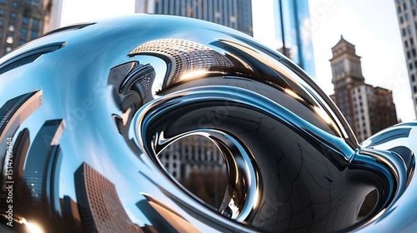 Fototapeta  A close-up of a modern sculpture made of polished steel, reflecting the surrounding cityscape