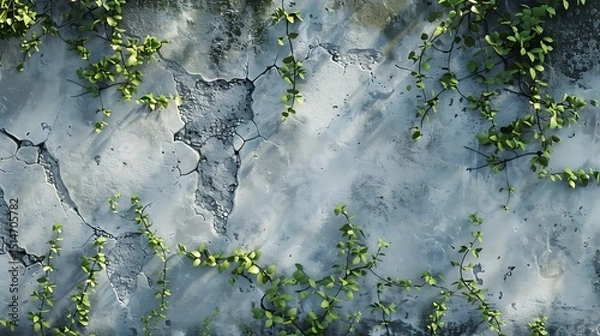 Fototapeta  A close-up of a weathered concrete wall with climbing vines growing through cracks