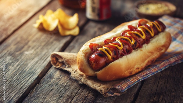 Fototapeta 木製テーブルとホットドッグの昼下がり