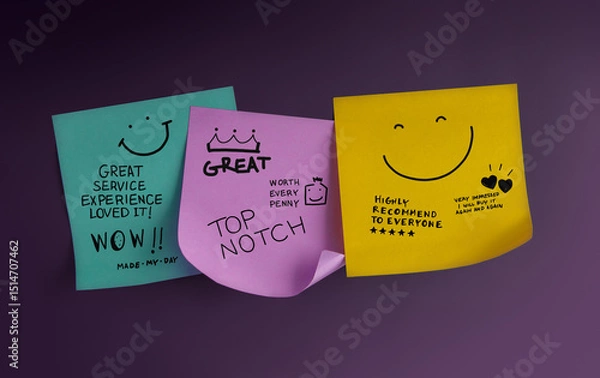 Fototapeta Customer feedback notes with smiley faces and handwritten compliments reflect positive reviews and satisfaction in service experience.