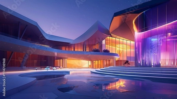 Fototapeta  A modern performing arts center with a dramatic, curved roof and a vibrant performance dance stage