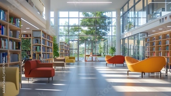 Fototapeta A bright, modern library space designed for comfort and discovery, offering abundant book