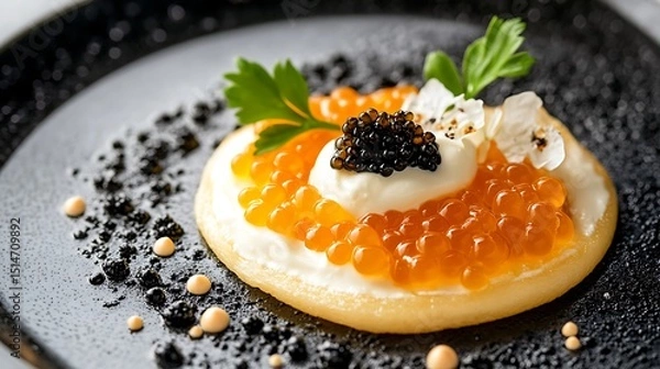 Fototapeta Beluga caviar delicately spread on blini, garnished with crème fraîche