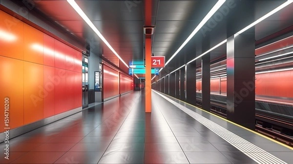 Fototapeta  A modern subway station platform with clean lines and brightly colored signage