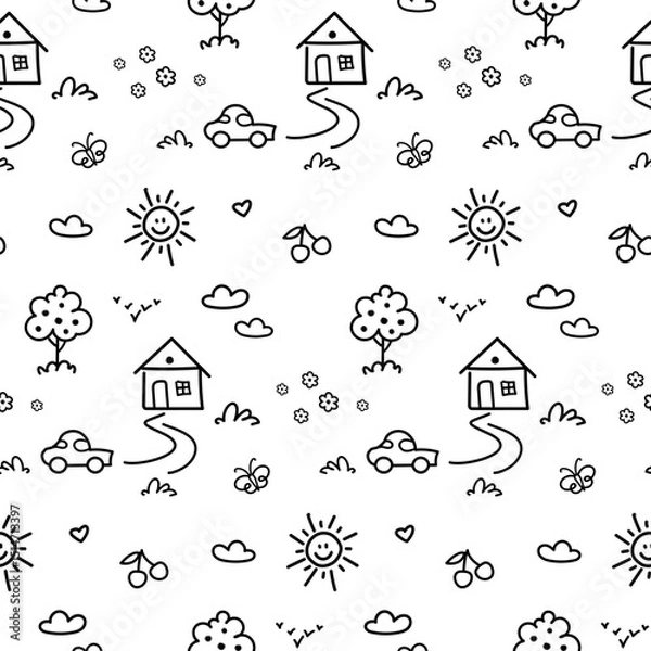 Fototapeta Seamless pattern with with black outline kid drawing in doodle style. Fun icons, childish drawings such as house, car, tree, cherry, sun and heart isolated on white background.