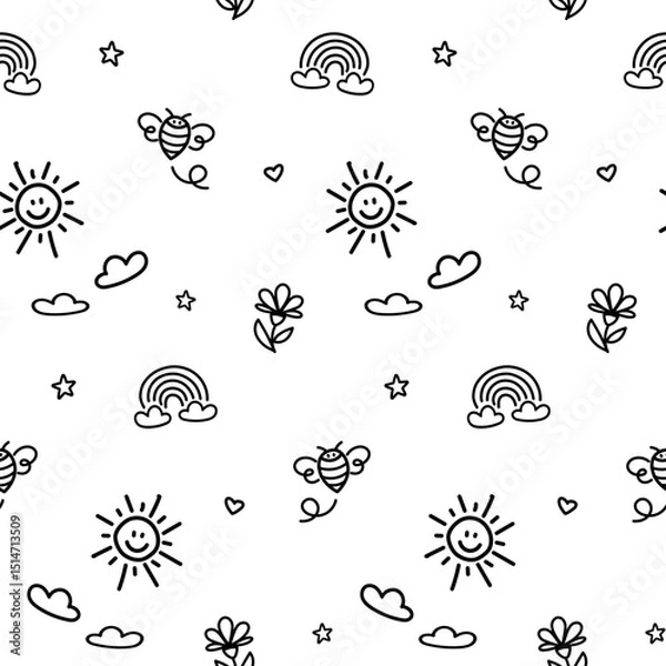 Fototapeta Seamless pattern with black doodle kid drawing on transparent background. Fun icons, childish drawings such as rainbow, sun, cloud, bee, butterfly and flower isolated on white background.