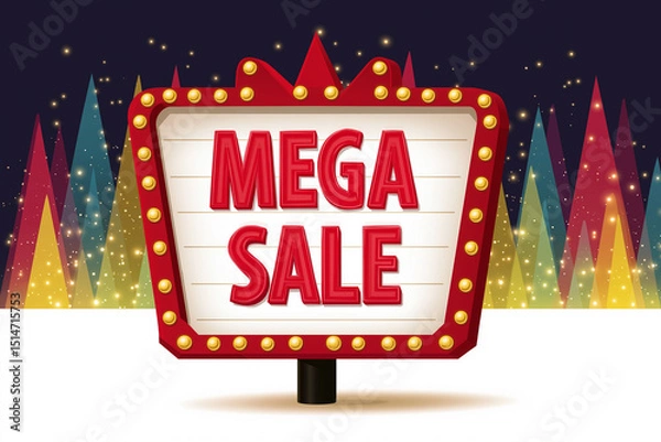 Fototapeta "Red retro theater marquee with white background and glowing lights displaying 'MEGA SALE' in bold vector graphic style."