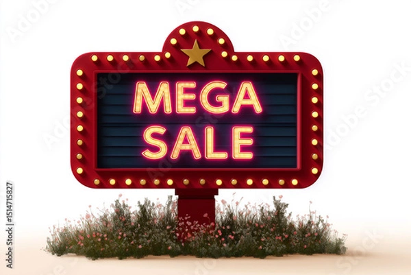 Fototapeta "Red retro theater marquee with white background and glowing lights displaying 'MEGA SALE' in bold vector graphic style."