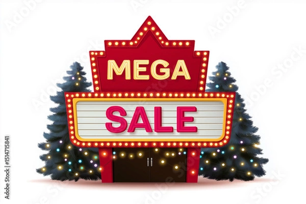 Fototapeta "Red retro theater marquee with white background and glowing lights displaying 'MEGA SALE' in bold vector graphic style."