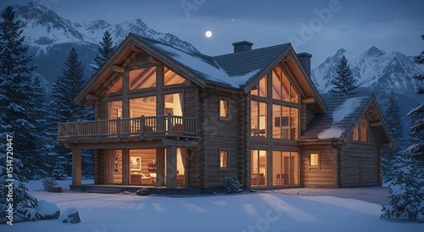 Fototapeta Log Cabin in Winter Scene with Snow and Mountains