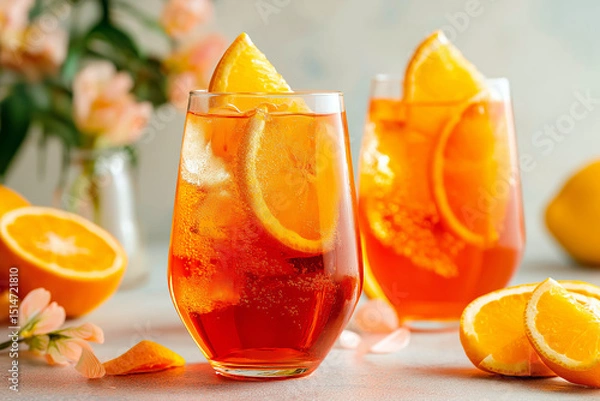 Obraz Aperol Spritz cocktail with orange slices and sparkling texture, light background studio setup.