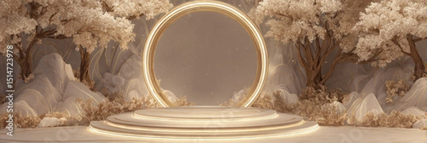 Obraz Glowing ring arch behind a cream platform with golden light halo