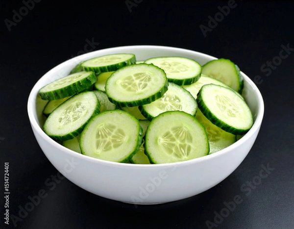 Fototapeta a bowl of sliced cucumber isolated on a black background 