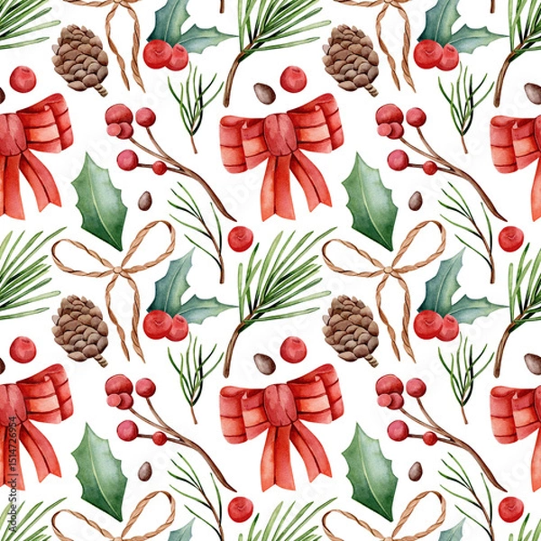 Fototapeta Seamless watercolor pattern. Winter theme. Hand drawn pine cones, different fir branches, red bow, twig with red berries and holly leaves isolated on white background. Design for fabric.