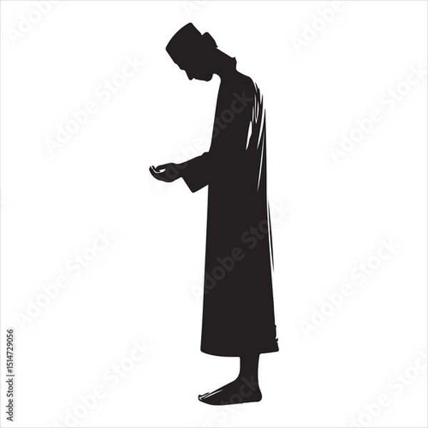 Fototapeta Black silhouette of a person in prayer (Salah), standing with hands folded, on a pure white background 
