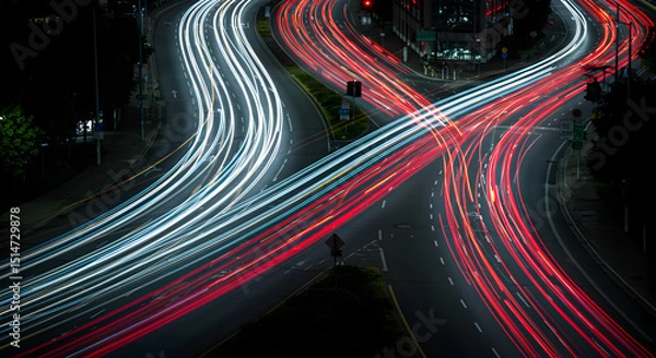 Obraz Long exposure of car light trails at night on a highway.