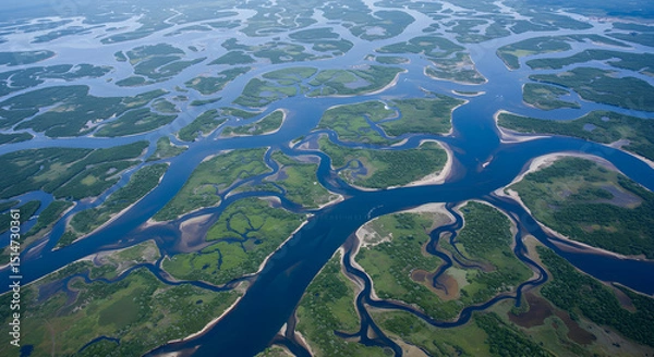 Obraz Aerial view of a river delta with lush green islands.