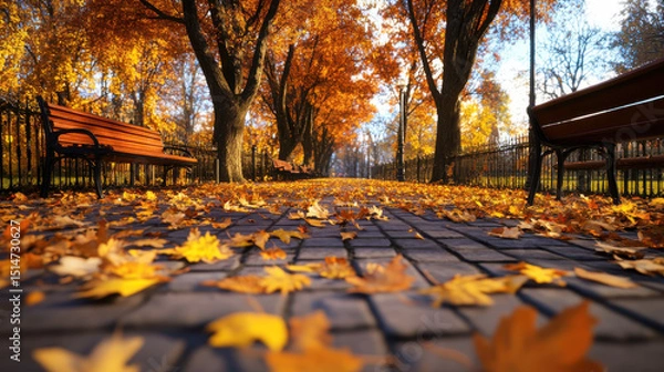 Fototapeta Autumn park walkway with colorful leaves, a gentle breeze, and benches along the trees