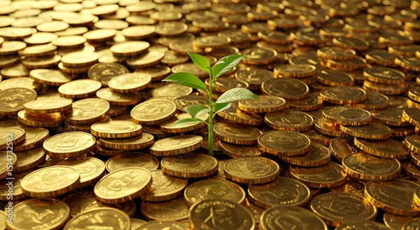 Obraz Sprout growing from pile of gold coins, concept of investment growth