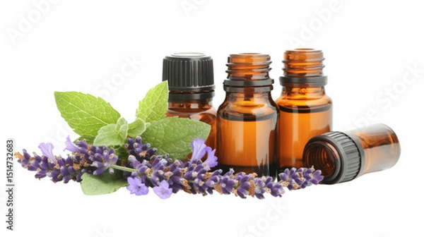 Fototapeta A set of essential oil bottles with lavender, peppermint, and eucalyptus oils,Transparent background, PNG file