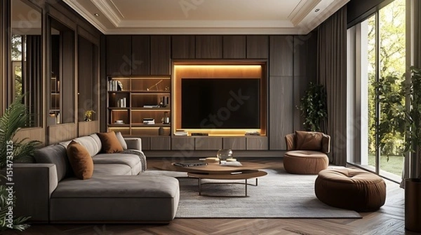 Obraz Modern, sophisticated living room with dark wood paneling, a large TV, and comfortable seating.  Floor-to-ceiling windows provide a view of the outdoors