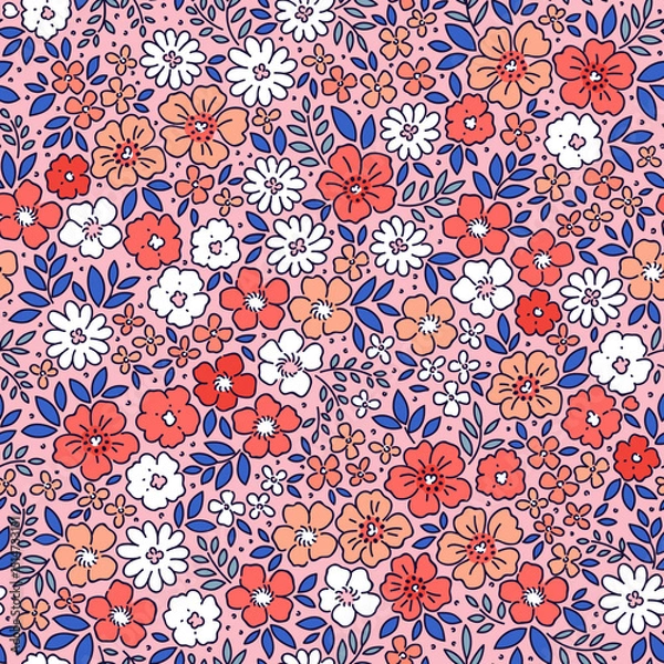 Obraz Retro floral pattern in small decorative flowers. Small red and white flowers. Light pink background. Ditsy print. Floral seamless background ditsy pattern in small cute spring flowers. Stock vector
