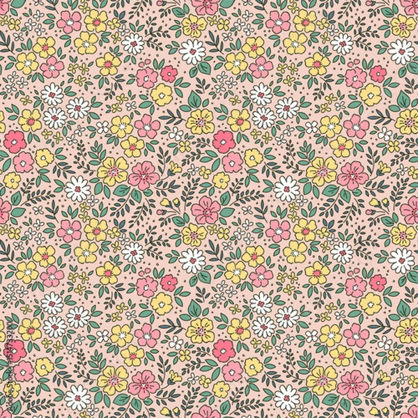 Obraz Vector seamless pattern. Liberty pattern in small flowers. Small pink, white and yellow flowers. Pink background. Ditsy floral background. Delicate template for fashion vintage prints. Stock vector.