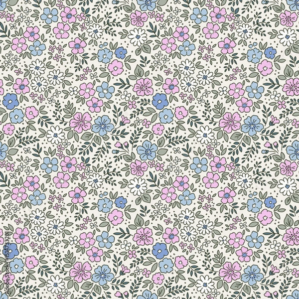 Obraz Vintage seamless floral pattern. Ditsy style background of small pastel flowers. Small blooming flowers scattered over a white background. Stock vector for printing on surfaces and web design. Gentle 
