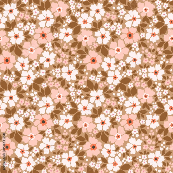 Obraz Cute floral background. Vintage spring floral pattern with small white, pink and white flowers on beige background. Seamless pattern for design and fashion prints. Ditsy style. Stock vector print